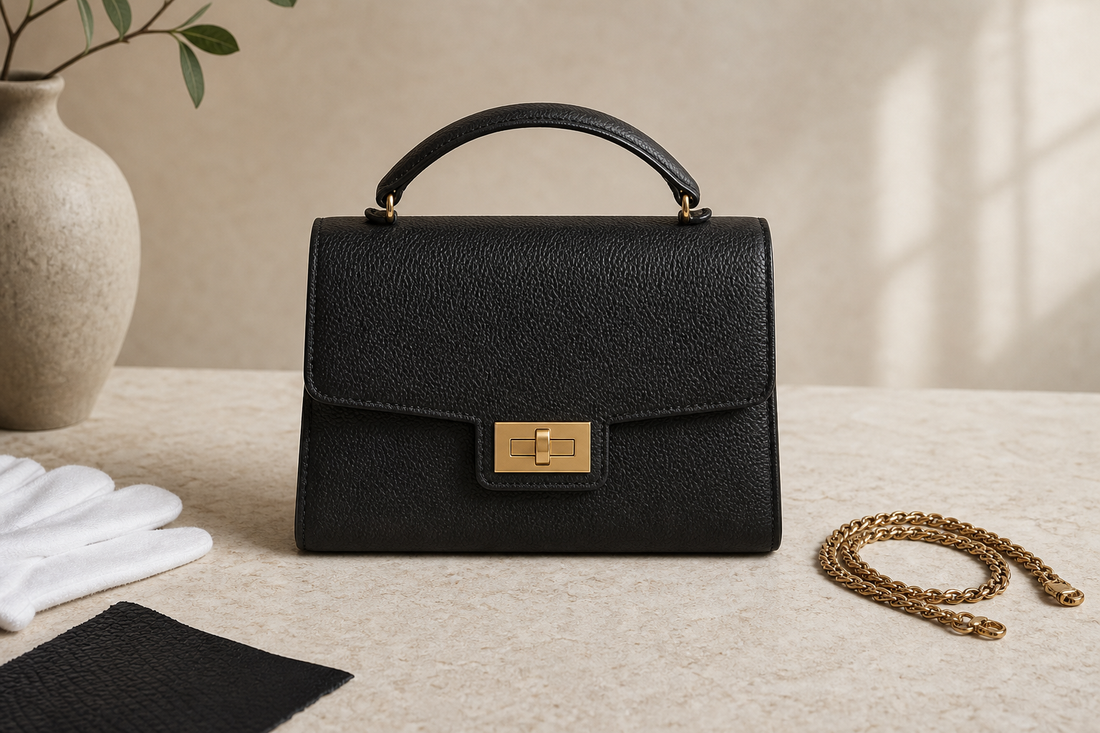 Editorial still life of an unbranded black grained-leather top-handle flap bag with a plain gold-tone turn-lock, chain strap, inspection glove, and leather swatch.