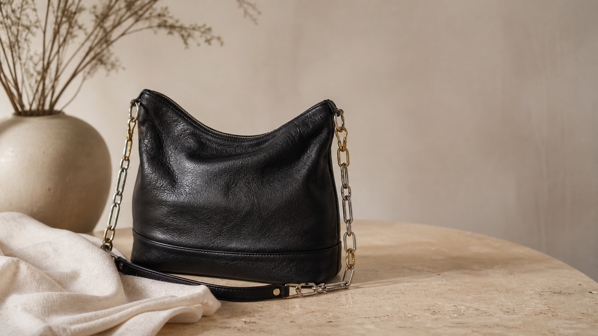 Anonymous black leather hobo-style shoulder bag with a mixed-metal chain strap on a neutral stone tabletop