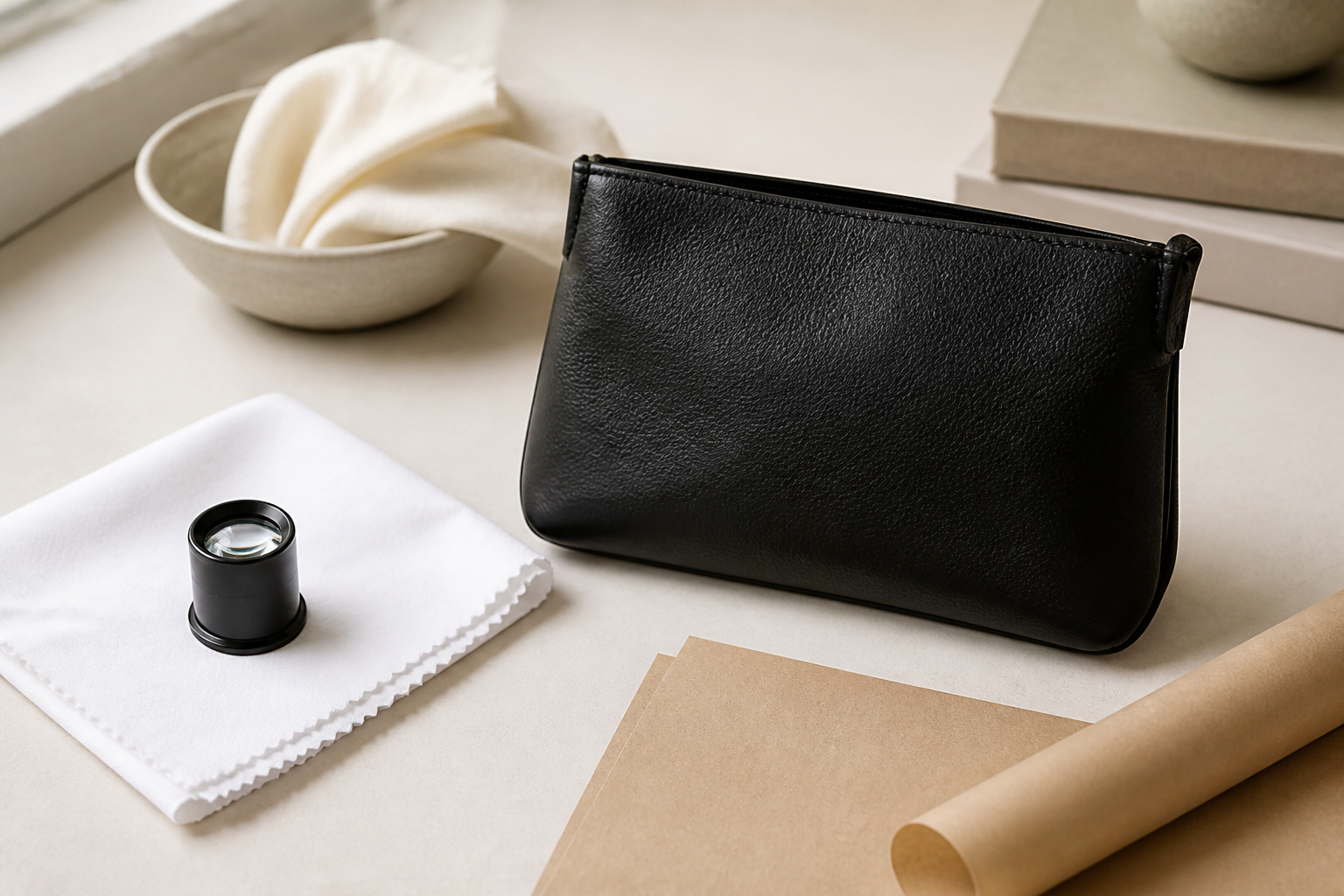 Unbranded black leather pouch with an inspection loupe and cloth on a neutral worktable
