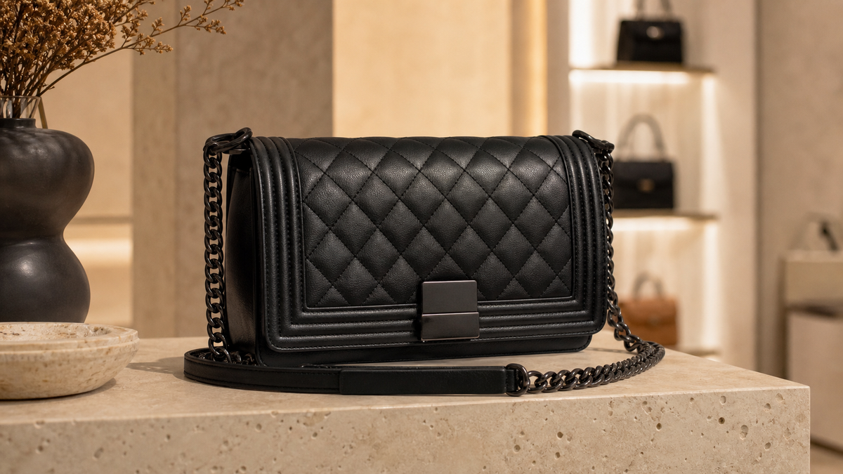 Unbranded black quilted leather shoulder bag with chain detail on a warm stone pedestal, illustrating a pre-owned structured shoulder-bag buying guide.