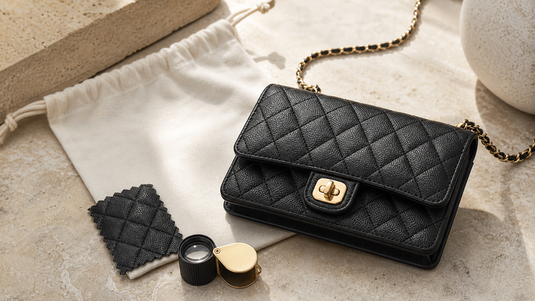 Anonymous black quilted wallet-on-chain style bag with a plain gold-tone closure, dust pouch, leather swatch, and inspection loupe for a pre-owned buying guide.