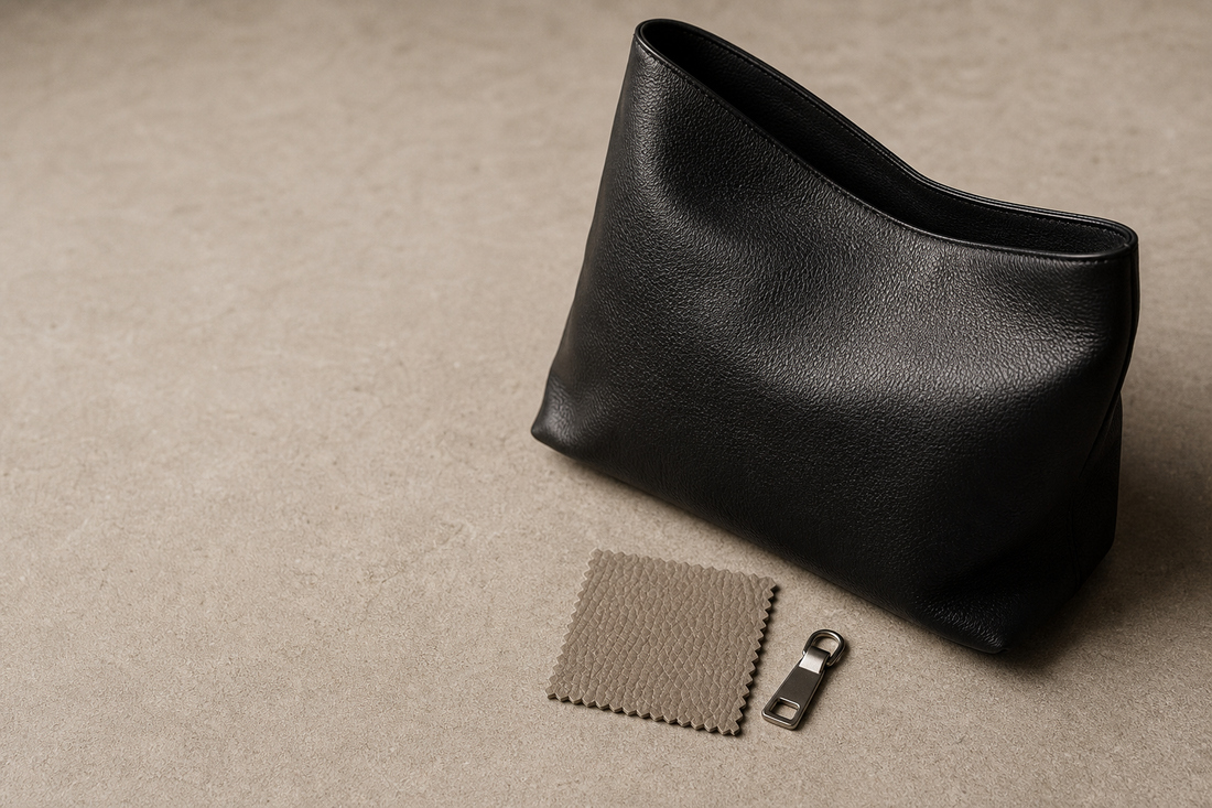 Unbranded black leather accessory with leather swatch and zipper pull for a pre-owned handbag condition guide