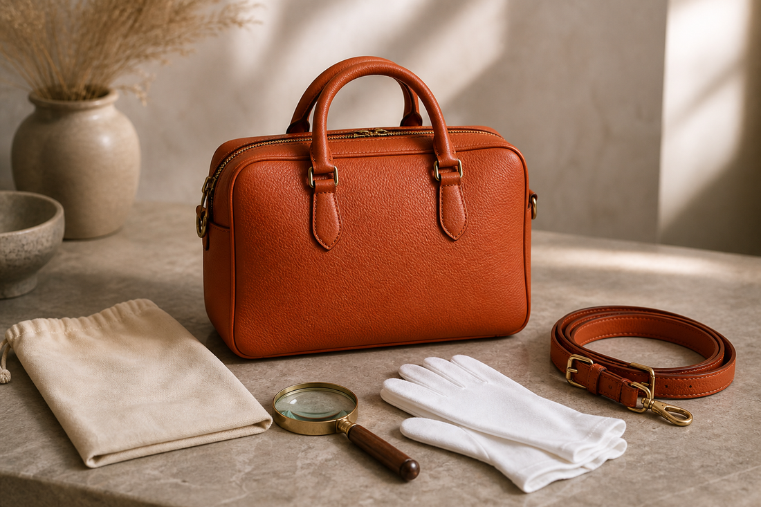 Unbranded compact leather travel bag with strap and inspection tools on a neutral tabletop