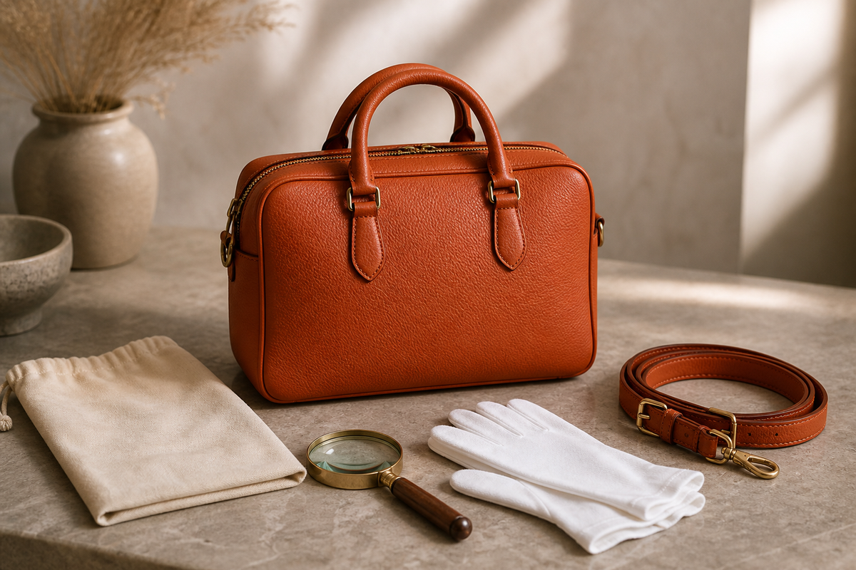 Unbranded compact leather travel bag with strap and inspection tools on a neutral tabletop