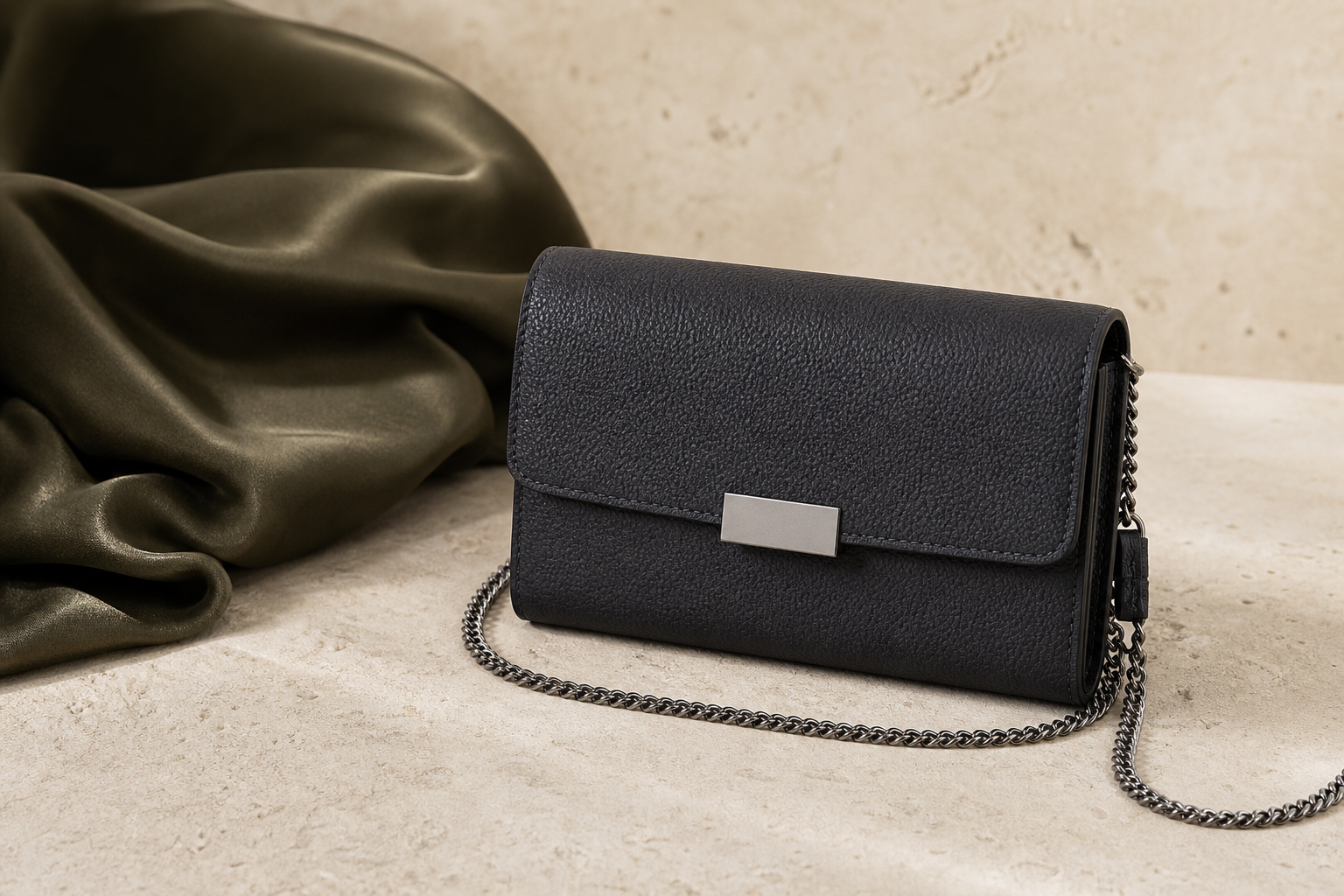 Logo-free editorial still life of a dark grained leather wallet-on-chain with a plain clasp and chain on travertine