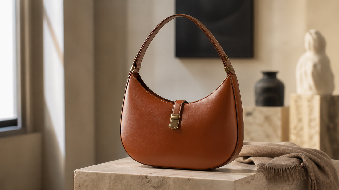 Caramel brown leather shoulder bag with a curved silhouette and brass-toned clasp in a warm neutral editorial setting