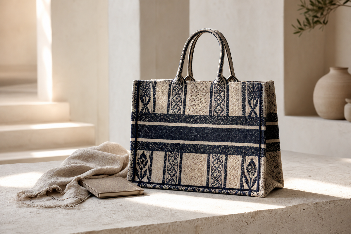 Editorial image of an unbranded woven navy and ivory tote on a limestone bench, illustrating a pre-owned luxury tote buying guide.