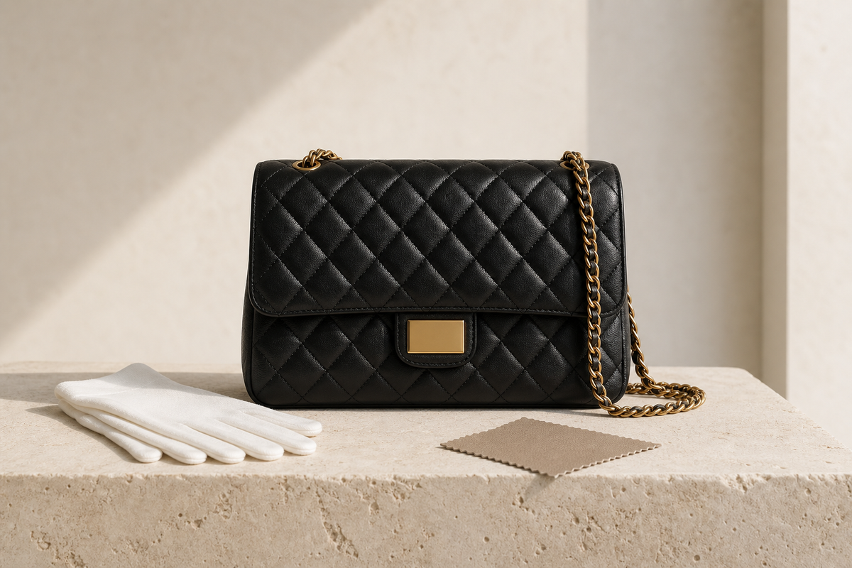 Logo-free editorial still life of an anonymous black quilted flap shoulder bag with plain gold-tone hardware, inspection gloves, and a leather swatch.