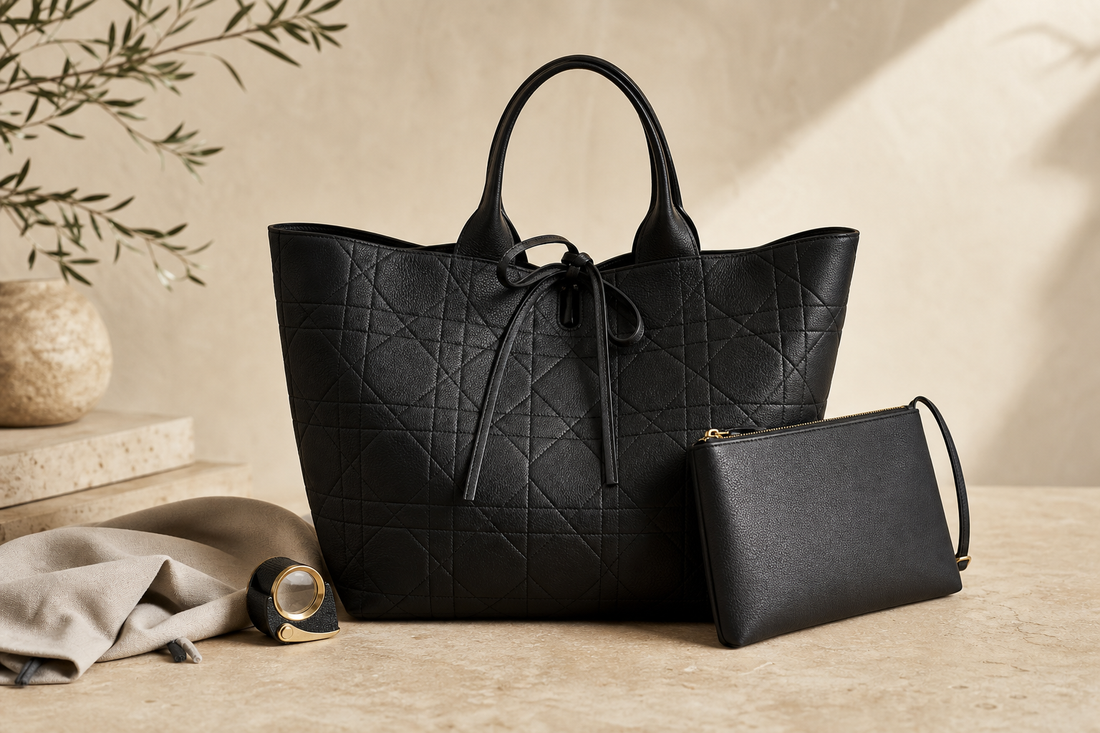 Logo-free editorial still life of an anonymous black quilted leather tote with a leather tie, inspection loupe, dust bag, and matching pouch.