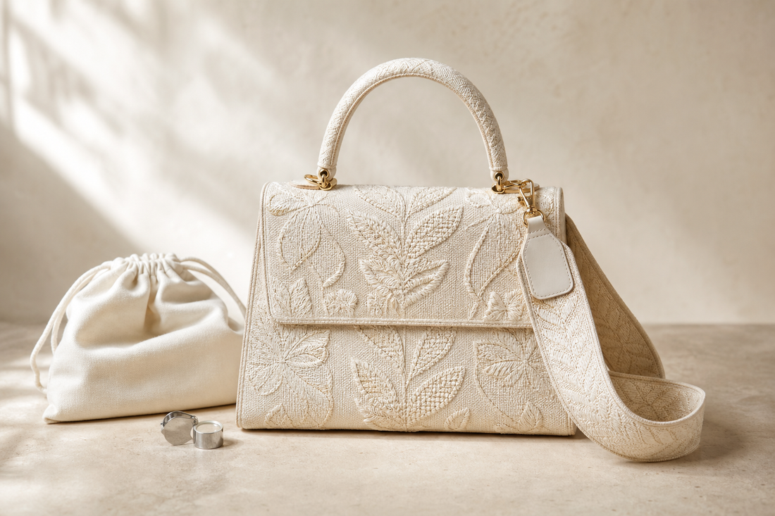 Anonymous ivory embroidered textile top-handle handbag with a detachable fabric strap, dust pouch, and inspection loupe for a pre-owned buying guide.
