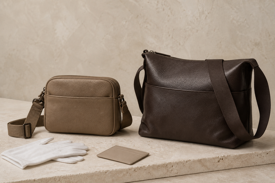Logo-free editorial still life comparing compact and larger anonymous leather crossbody bags for a pre-owned size buying guide.