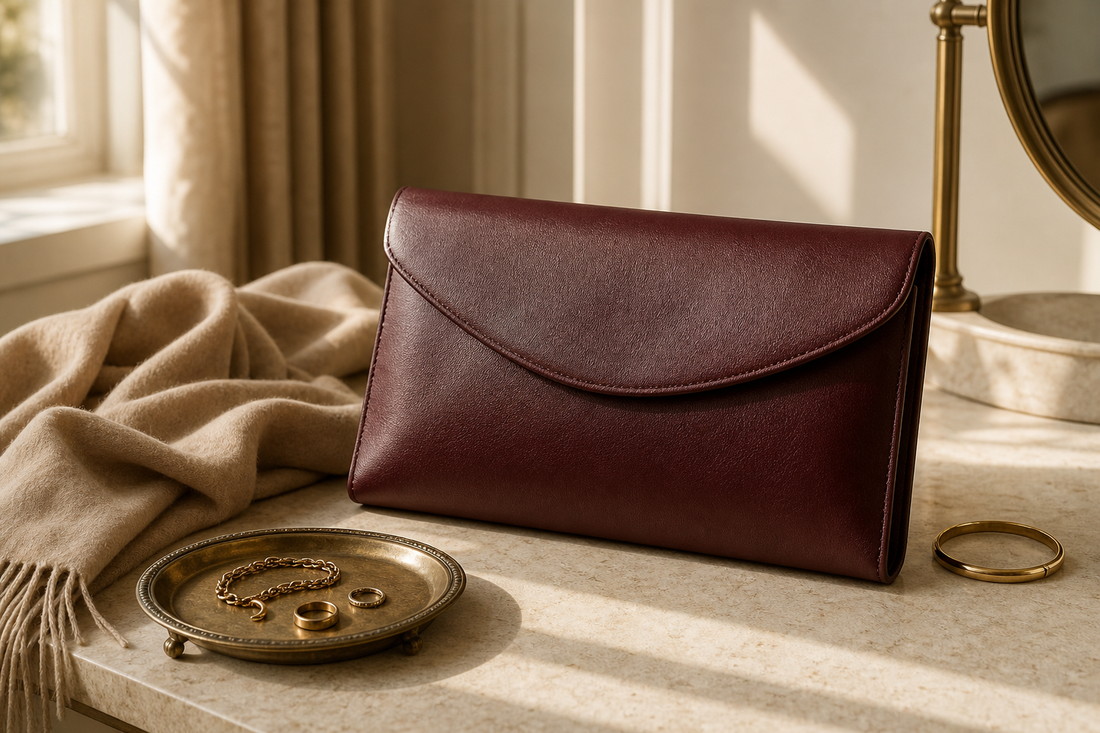 Logo-free editorial still life of an oxblood leather everyday clutch with neutral accessories