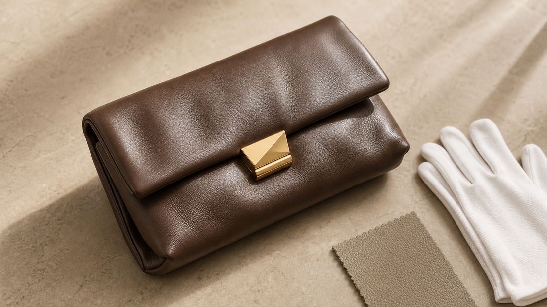 Unbranded brown nappa-leather clutch with a geometric gold-tone closure, inspection gloves, and a leather swatch for a pre-owned condition guide