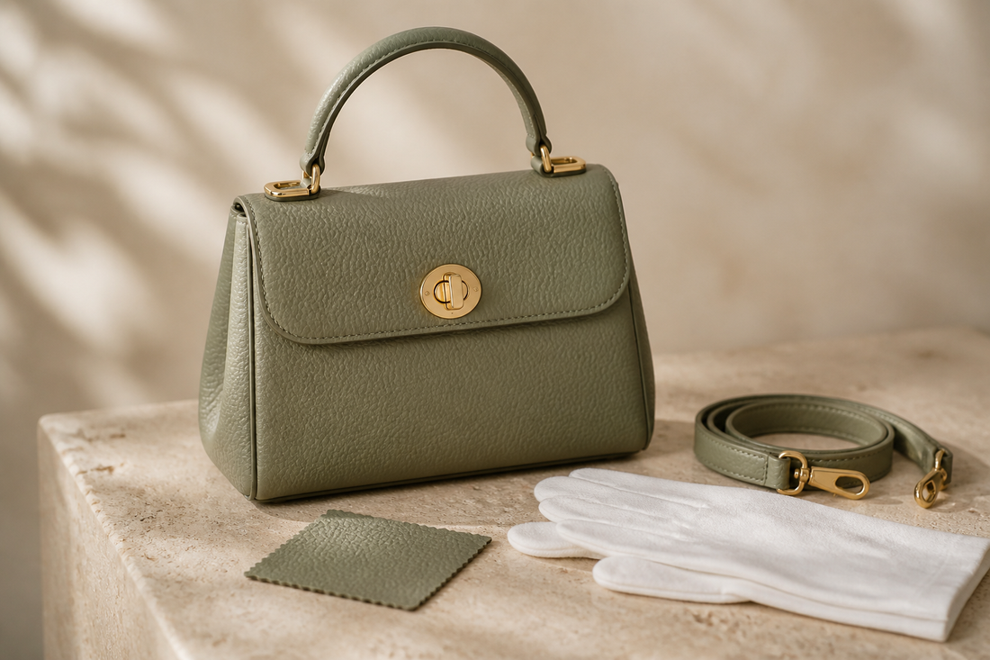 Logo-free editorial still life of an anonymous sage-green structured leather top-handle bag with a detachable strap and inspection gloves.