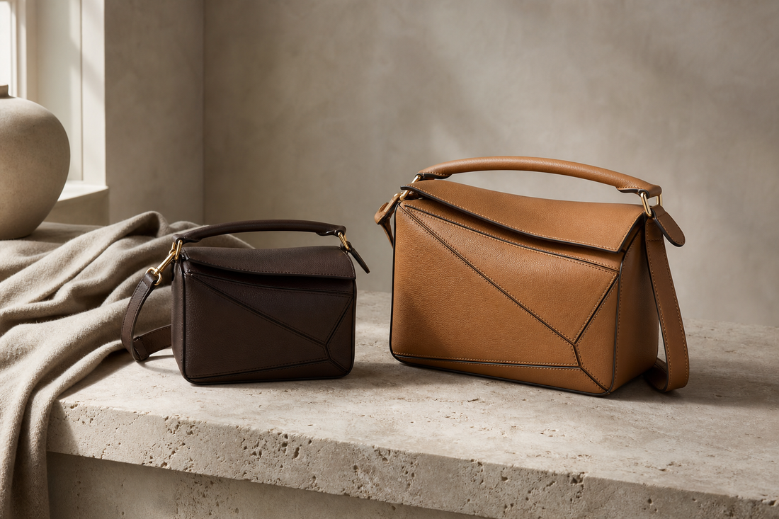 Two unbranded geometric leather crossbody bags in compact and medium sizes on a neutral stone surface for a pre-owned size comparison guide