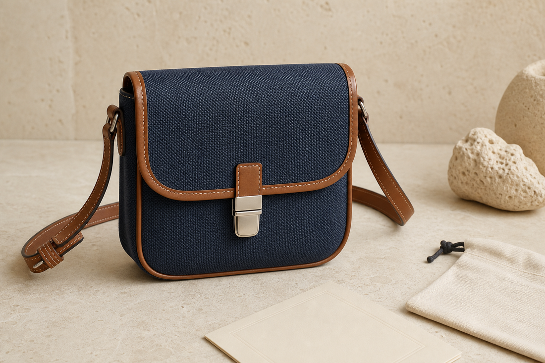 Unbranded navy canvas and brown leather crossbody bag on warm stone, illustrating a pre-owned compact messenger bag evaluation.