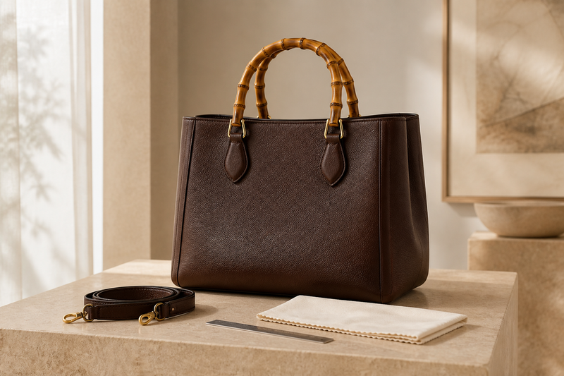 Unbranded dark brown leather tote with bamboo-style handles, a removable strap, inspection cloth, and ruler on warm stone for a pre-owned bamboo-handle tote buying guide.