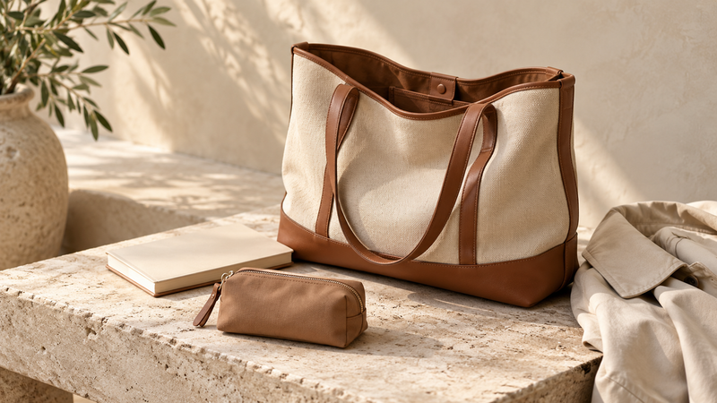 Unbranded canvas and leather tote on a stone bench with a pouch and notebook