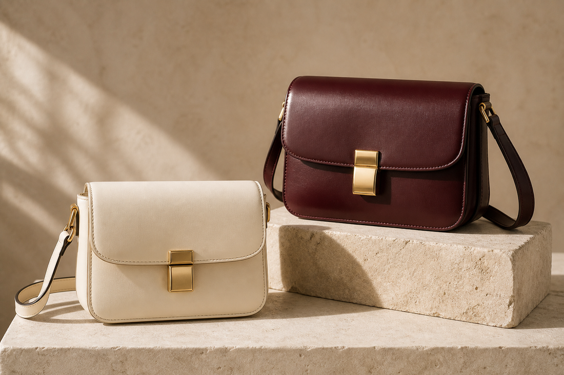 Logo-free editorial still life of two anonymous structured leather shoulder bags in cream and burgundy on stone plinths.
