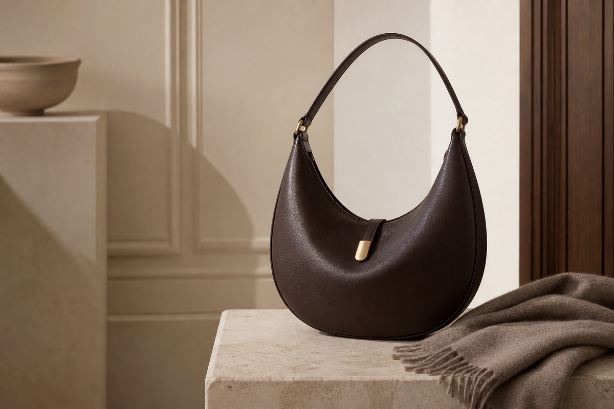 Logo-free editorial image of a deep espresso crescent leather shoulder bag for a pre-owned Gucci Jackie buying guide