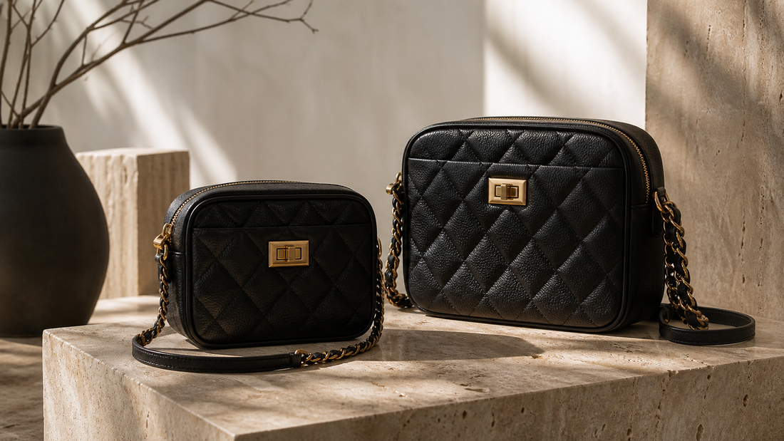 Two anonymous black quilted camera-style shoulder bags in compact and medium sizes on a stone plinth.