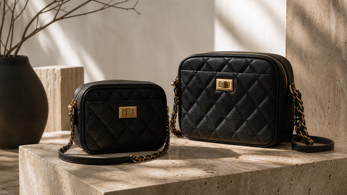 Two anonymous black quilted camera-style shoulder bags in compact and medium sizes on a stone plinth.