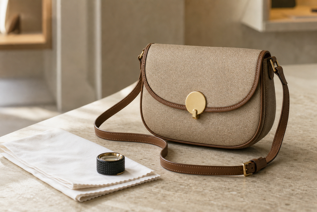 Unbranded coated-canvas crossbody handbag on a stone table with an inspection cloth and magnifying loupe