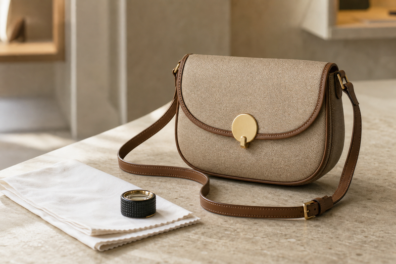 Unbranded coated-canvas crossbody handbag on a stone table with an inspection cloth and magnifying loupe