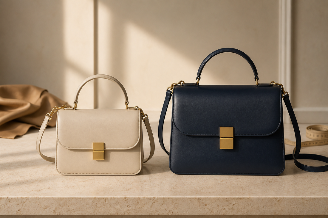 Two anonymous structured leather shoulder bags in compact and small sizes with measuring tape, illustrating a pre-owned Gucci Sylvie size comparison.