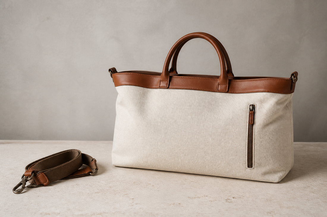Logo-free editorial image of a neutral canvas and leather handbag with a detachable strap, illustrating material inspection for a pre-owned bag.