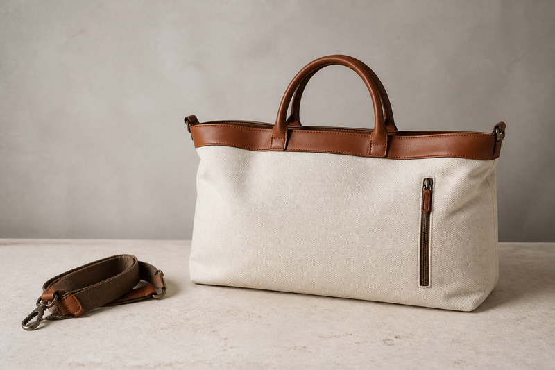 Logo-free editorial image of a neutral canvas and leather handbag with a detachable strap, illustrating material inspection for a pre-owned bag.