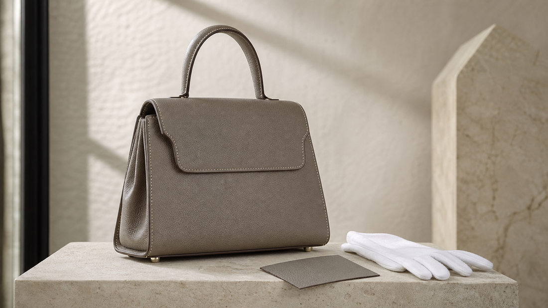 Logo-free editorial still life of an anonymous warm-gray structured leather top-handle bag with white inspection gloves, illustrating a pre-owned Birkin 30 buying guide.