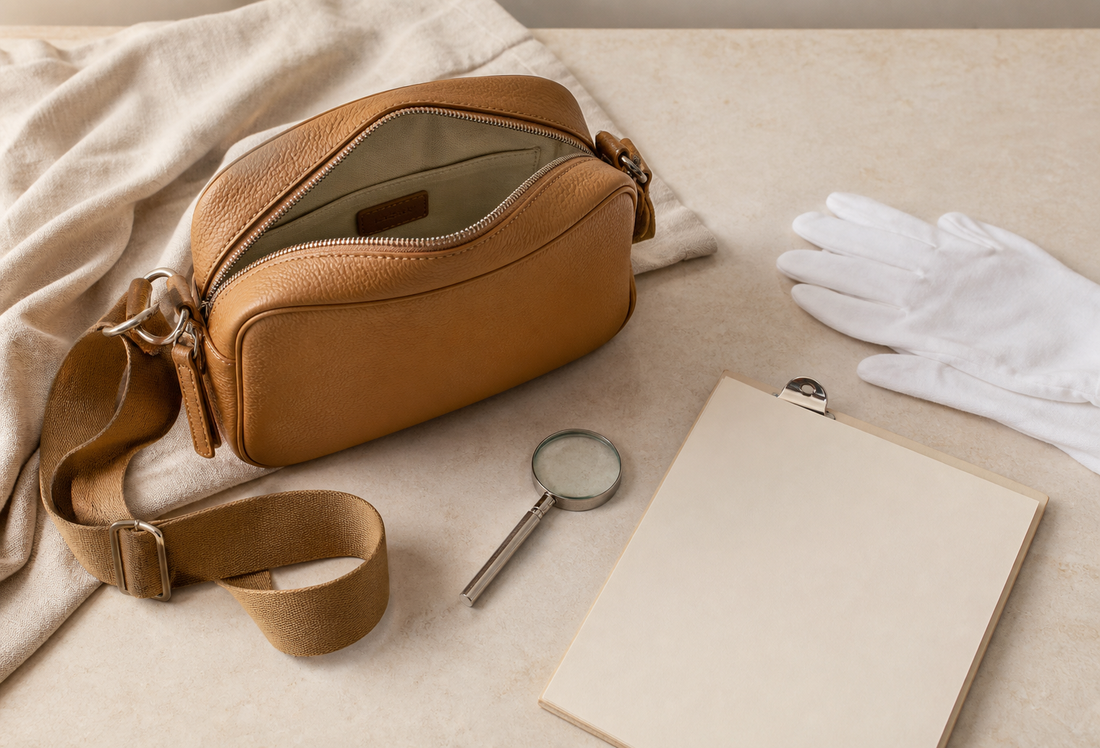Unbranded tan leather crossbody bag with a blank inspection checklist, gloves, and magnifier