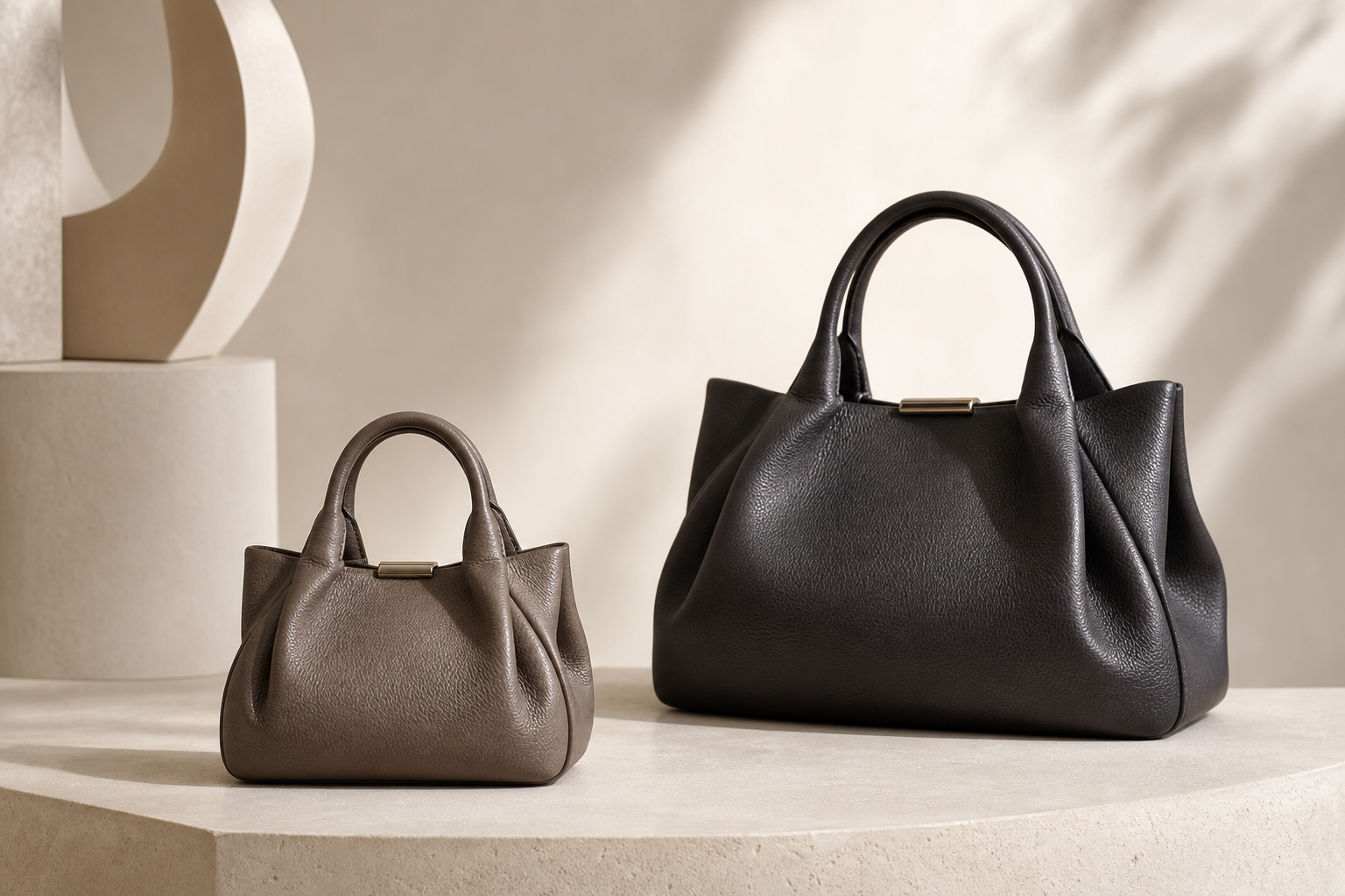 Logo-free editorial still life comparing a compact taupe leather handbag and a larger charcoal leather handbag for a pre-owned size guide.