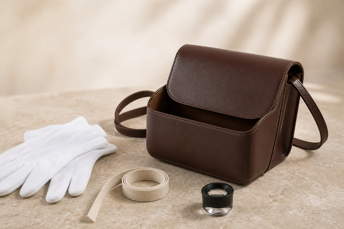 Generic brown leather crossbody bag with white gloves and a magnifying loupe for a pre-owned handbag inspection guide