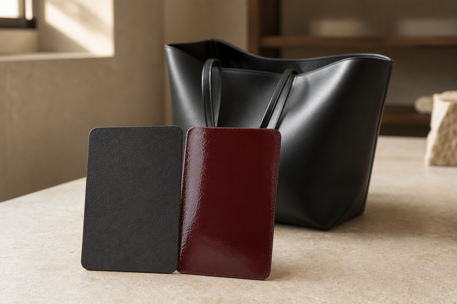 Matte black and glossy burgundy leather sample cards beside an unbranded black tote, illustrating material comparison for a pre-owned handbag.