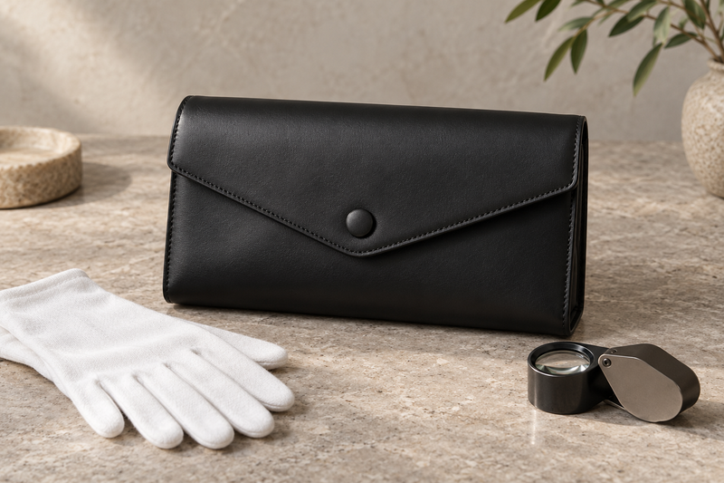 Generic black leather clutch with gloves and magnifier for a pre-owned handbag inspection guide