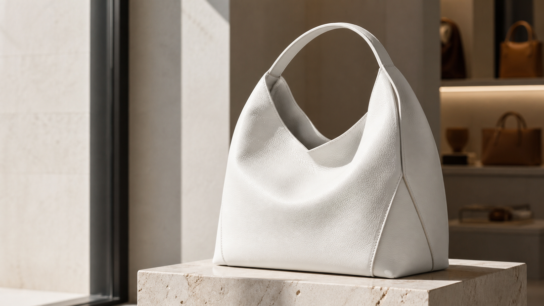 Unbranded white soft-structured leather hobo bag with folded side panels on a stone plinth