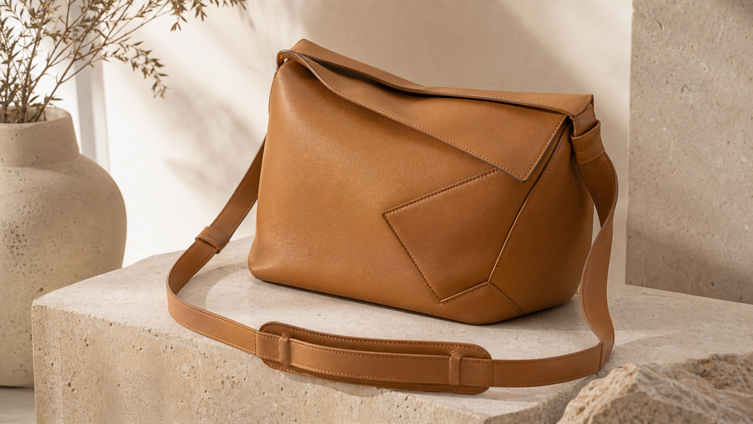 Logo-free editorial tan geometric leather crossbody bag on a stone plinth, illustrating a pre-owned size comparison guide.