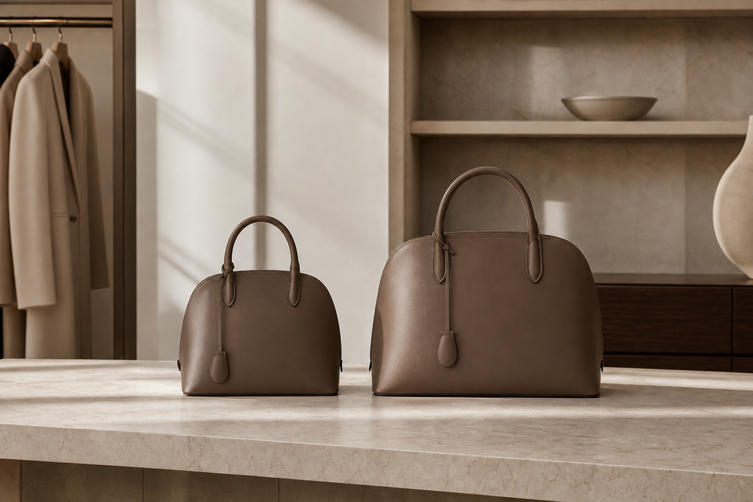 Two unbranded structured top-handle handbags in compact and medium sizes on a stone table for an Alma BB versus PM buying guide.