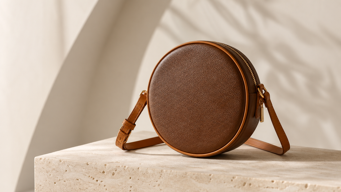 Logo-free editorial image of an unbranded round chestnut crossbody bag on a stone plinth for a pre-owned buying guide.
