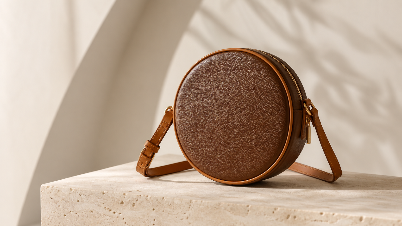 Logo-free editorial image of an unbranded round chestnut crossbody bag on a stone plinth for a pre-owned buying guide.