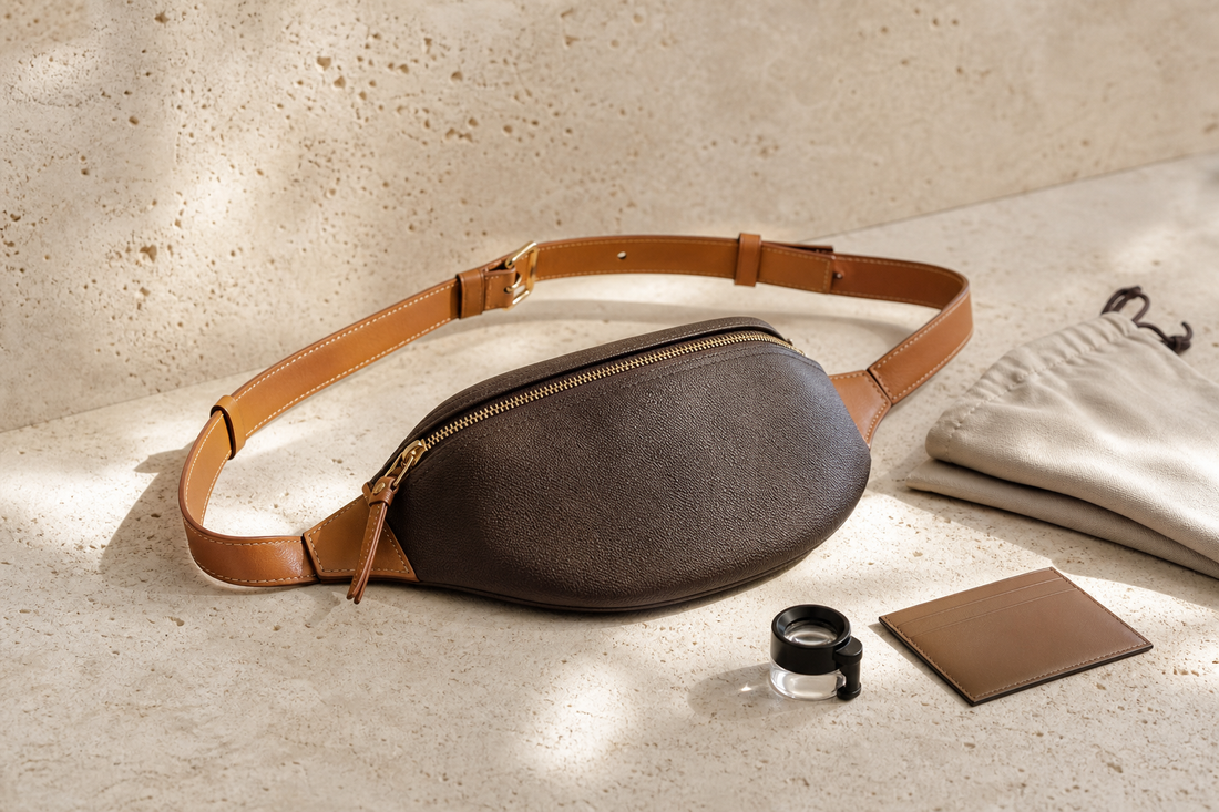 Unbranded brown belt bag with an adjustable leather strap, dust pouch, card holder, and inspection loupe on travertine.