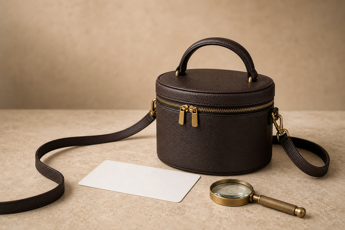 Unbranded structured vanity-case-style crossbody bag with a magnifier and inspection card, illustrating a pre-owned buying evaluation.