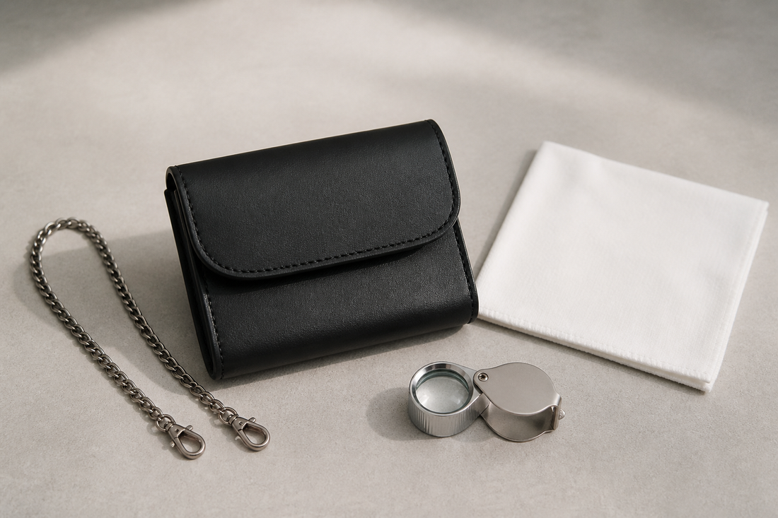 Generic black leather pouch with an unbranded chain, inspection cloth, and magnifying loupe on a neutral surface