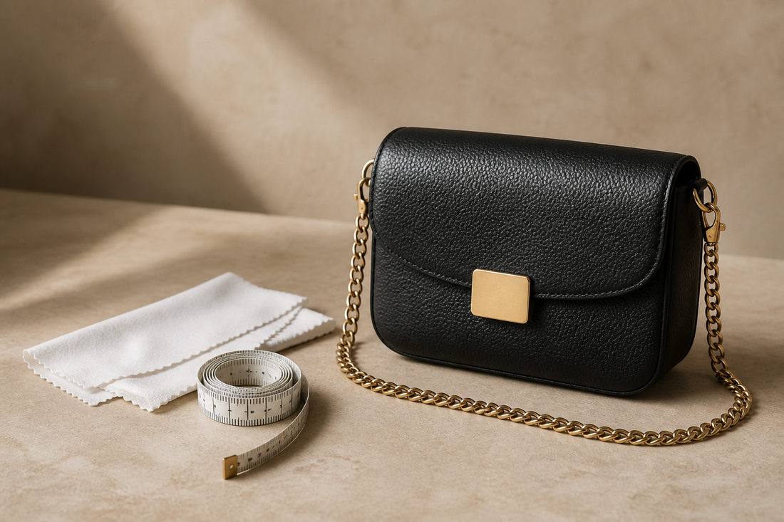 Logo-free editorial image of an anonymous black pebbled-leather chain crossbody bag with a plain clasp, cloth, and measuring tape for a pre-owned handbag inspection guide.
