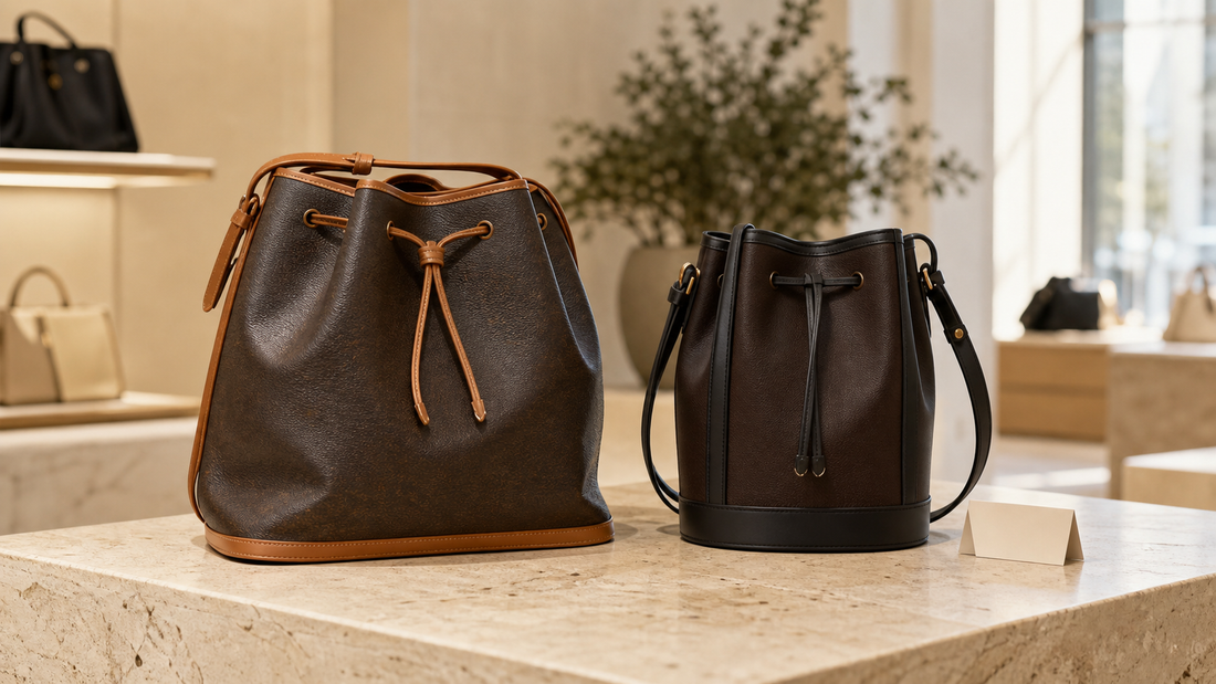 Two anonymous brown bucket handbags in relaxed and structured silhouettes on a limestone table, illustrating a pre-owned Noé versus NéoNoé comparison.