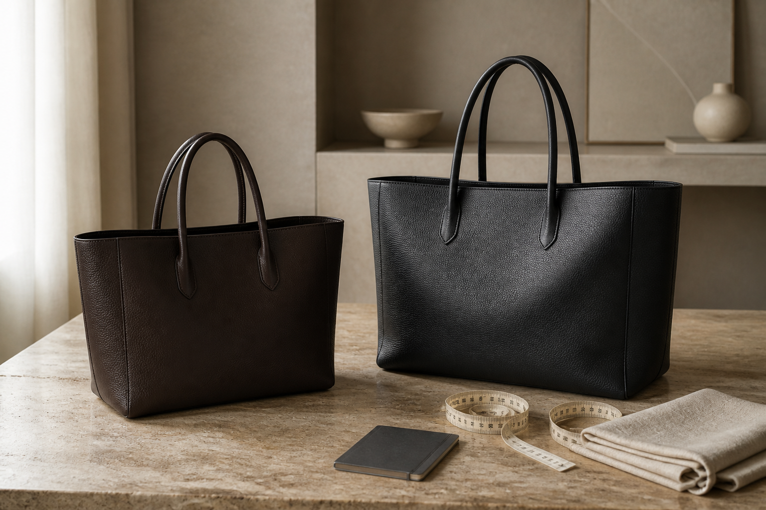 Two anonymous structured tote bags in medium and large proportions with a measuring tape and inspection cloth, illustrating a pre-owned Louis Vuitton OnTheGo MM versus GM buying guide.