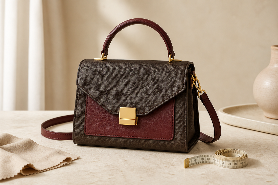 Unbranded brown and burgundy top-handle crossbody bag with a measuring tape and inspection cloth, illustrating a pre-owned Louis Vuitton Pallas buying guide.
