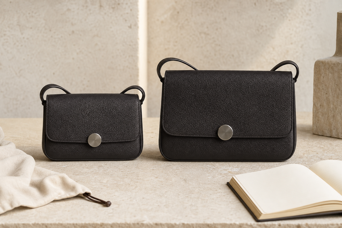 Two unbranded dark leather shoulder bags in compact and medium sizes on a stone table, illustrating a size comparison.
